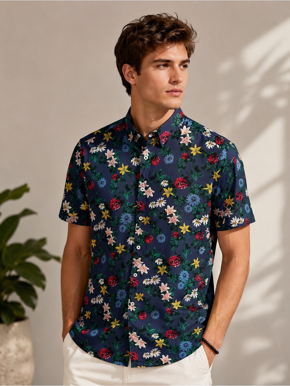 14.5/Medium Men's Floral Button-Down Short Sleeve Shirt